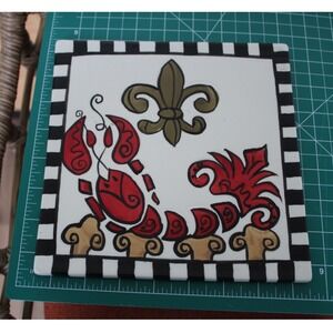 LB Original Lobster Fleur de Lis Decorative Ceramic Tile Trivet 8x8 Checkered